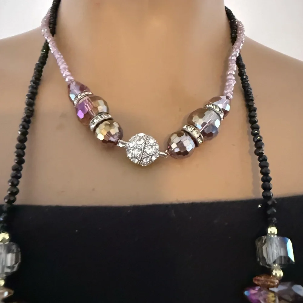 Layered Necklace Rhinestone Black Lavender Crystal Bead Hi-Lo Handmade Designer - Picture 4 of 10